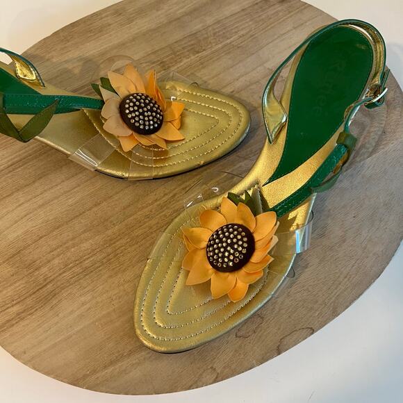 Green Yellow Sunflower Embellished Open Toe Kitten Heel Ankle Strap Size 9.5 - Picture 1 of 13